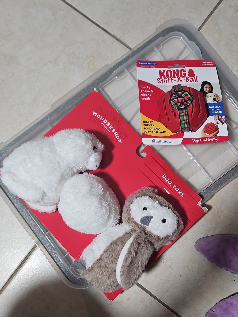 Kong Stuff-A-Ball Holiday Red Treat Dispenser & 3 Animal Snow Winter Dog Toys